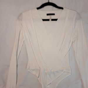 Long Sleeve White Faux Wrap Bodysuit